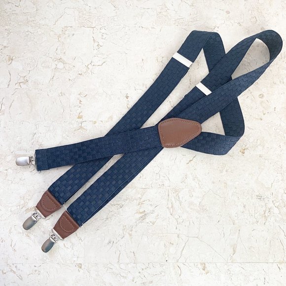 Other - Suspenders Navy Blue Solid Woven Check Brown Leather Ends Menswear ~ Worn Once